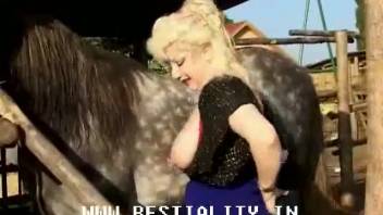 Chubby fair-haired woman in stockings having sex with a horse outside