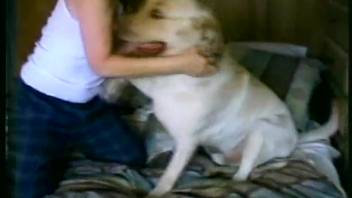 Novice lady satisfied by pale pup in rider stance