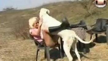 Huge white dog helps mature blonde realize all fantasies
