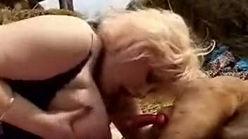 Busty older woman enters the barn loft to get screwed by a brown hound