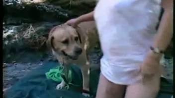 Girl and her pup discover an ideal outdoor location for their playful adventure