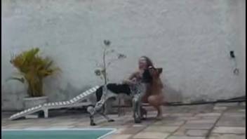 Two gorgeous hotties enjoying wild al fresco action with a husky dog.