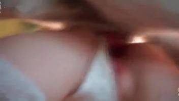Blonde in white undies subdued by huge canine dick