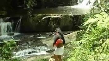 Natural boobs Latina getting fucked by the waterfall