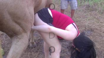 Masked brunette leans forward to receive a massive horse dick