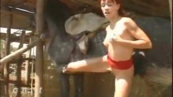 Slender ginger evaluates a stallion's dick before giving it a blowjob