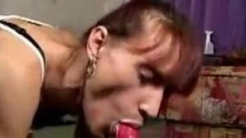 Woman tries dog dick fully in her shaved butt hole