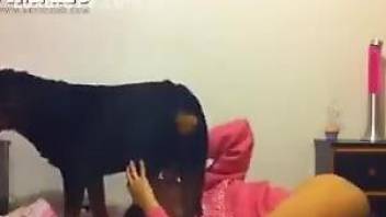 Pink get-up babe deepthroating a dog's red cock