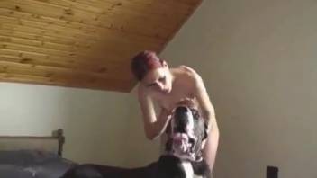 Nude spouse performs messy oral sex on canine's member during live webcam show