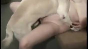 Canine penetrates older lady vaginally and ejaculates on her breasts
