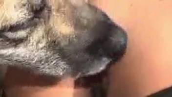 Bare woman allows the dog to lick and sniff her while she performs solo
