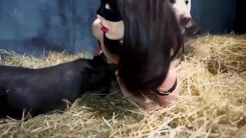 Dark-haired beauty with alluring makeup is passed around by the beasts