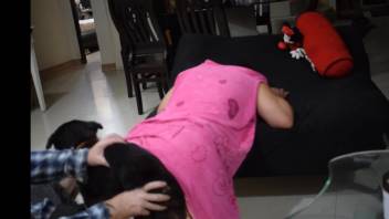 Attractive pink babe with a large stomach desires sex with canines
