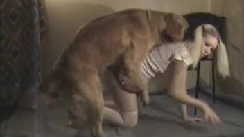 Youthful blonde with pigtails teaches her enormous dog
